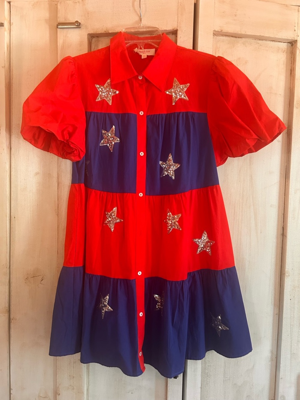 Peach Love California Red and Blue Star-Embellished Mini Dress